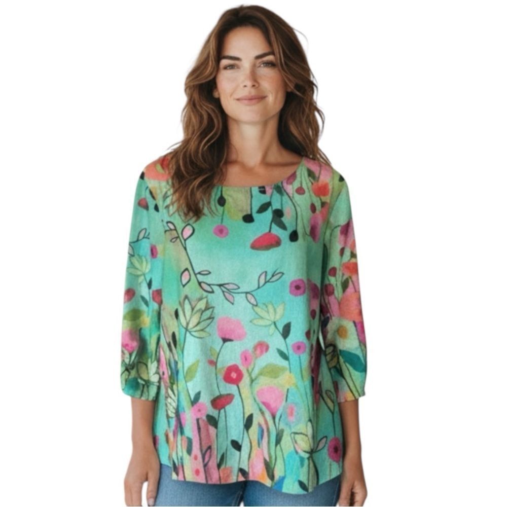 Sharon Young Whimsical Light Green Floral 3/4 sleeve Casual Blouse M